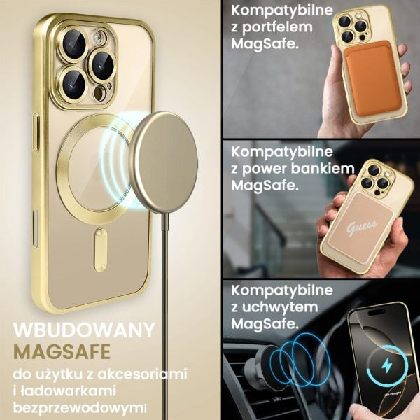 etui do iphone 16 pro max magsafe luxury protect przeźroczyste, z osłoną aparatu, titanium finish, złoty tytan