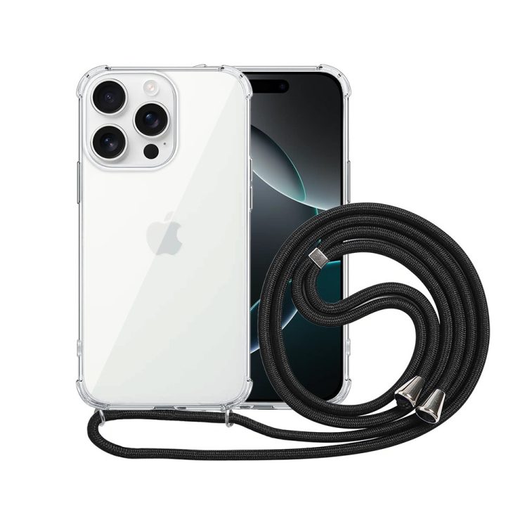 etui do iphone 16 pro wzmacniane crossbody z czarną smyczą jak torebka, przeźroczyste