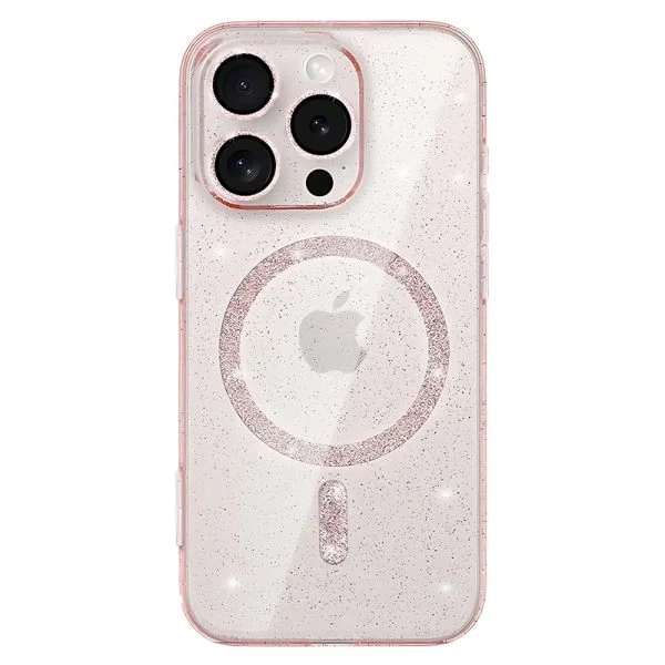 etui do iphone 16 pro z magsafe, przeźroczyste, błyszczący brokat, różowe