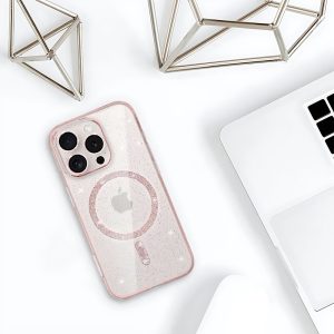etui do iphone z magsafe, przeźroczyste, błyszczący brokat, różowe
