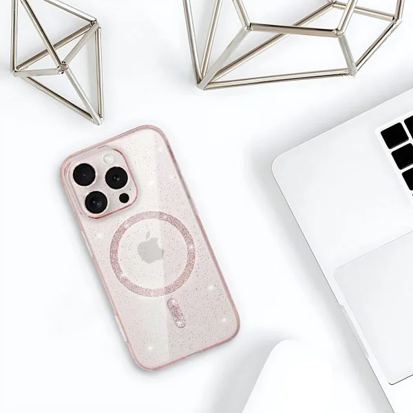 etui do iphone 16 pro z magsafe, przeźroczyste, błyszczący brokat, różowe