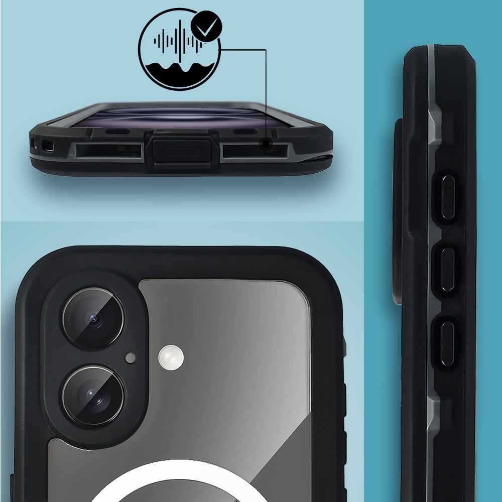 etui do iphone 16 wodoodporne z magsafe, pancerne, przeźroczyste, czarne