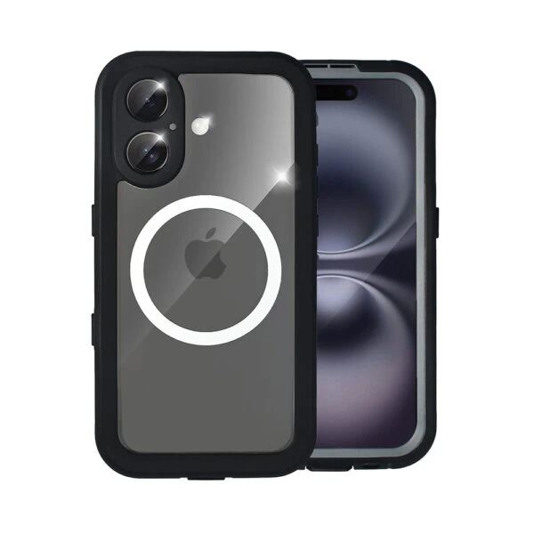 Etui do iPhone 16 wodoodporne z MagSafe, pancerne, przeźroczyste, czarne