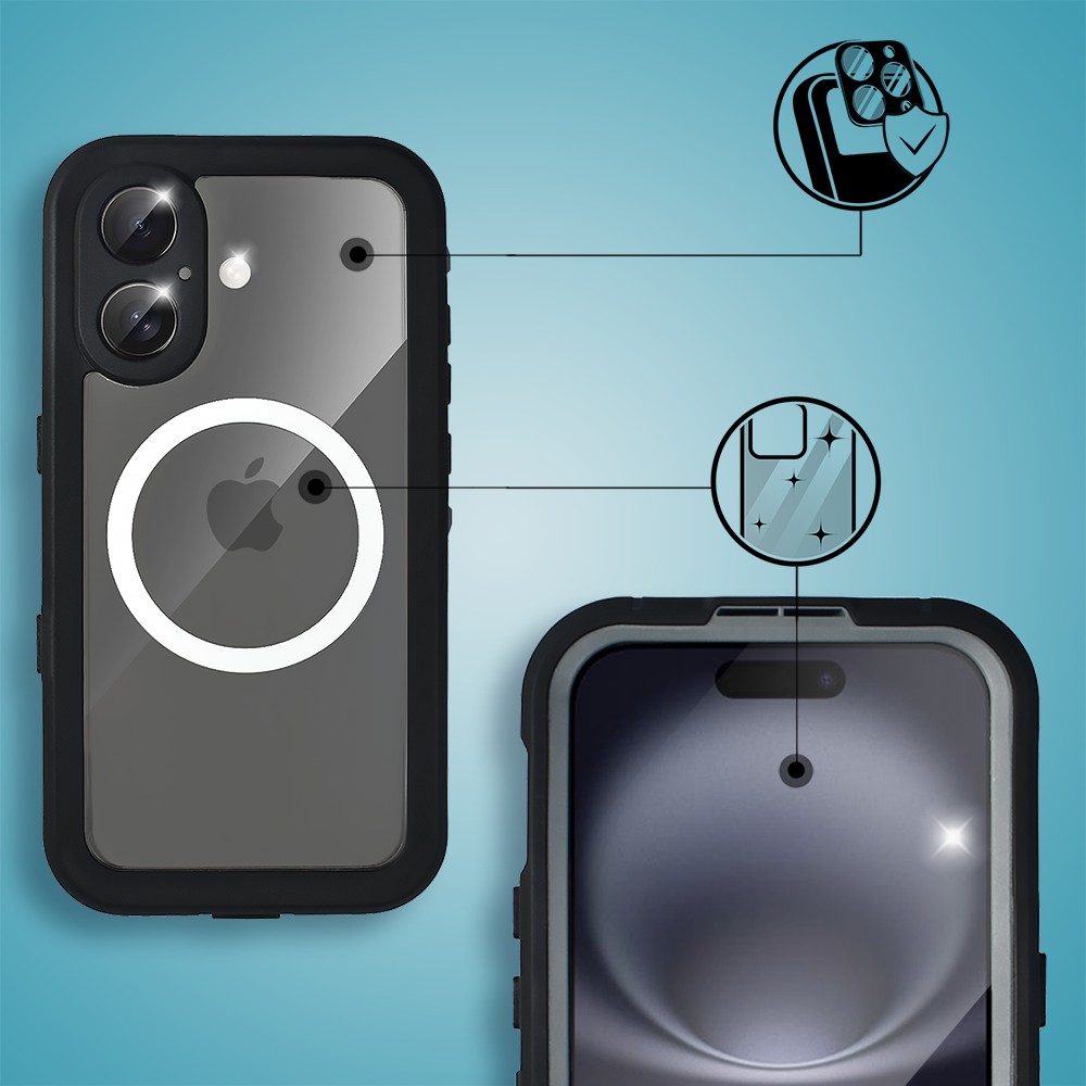 etui do iphone 16 wodoodporne z magsafe, pancerne, przeźroczyste, czarne