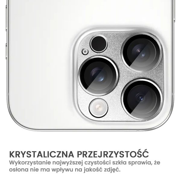 iphone 16 pro gładka metalowa osłona na cały aparat, wbudowane szkła 9h, srebrna