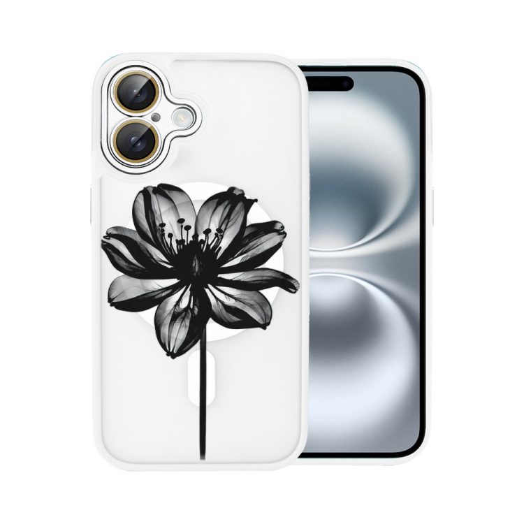 etui do iphone 16 color flush z magsafe, z osłoną aparatu, z nadrukiem czarny kwiat, białe
