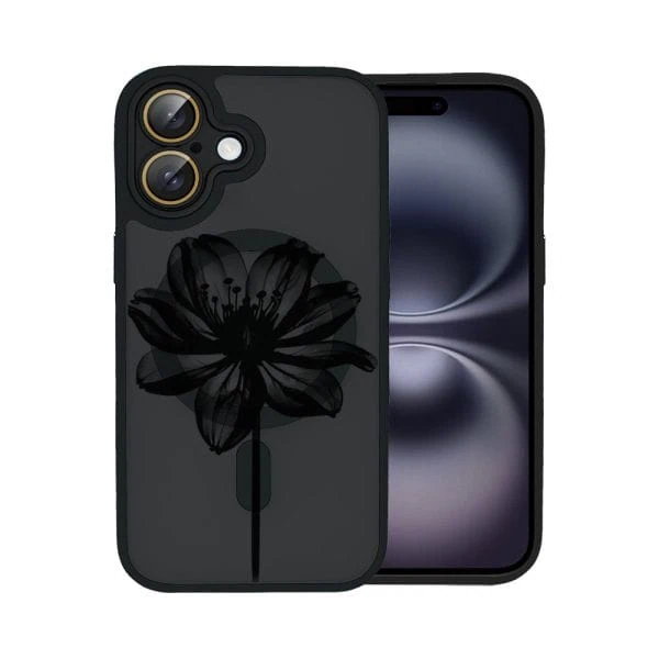 etui do iphone 16 color flush z magsafe, z osłoną aparatu, z nadrukiem czarny kwiat, czarne
