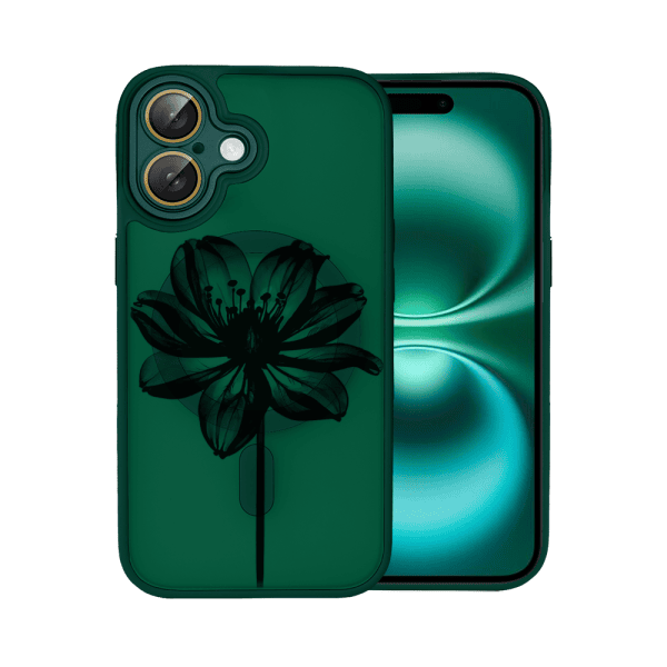 etui do iphone 16 color flush z magsafe, z osłoną aparatu, z nadrukiem czarny kwiat, zielone