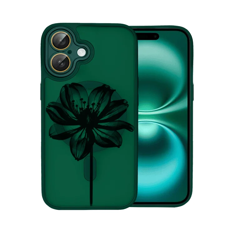 etui do iphone 16 color flush z magsafe, z osłoną aparatu, z nadrukiem czarny kwiat, zielone