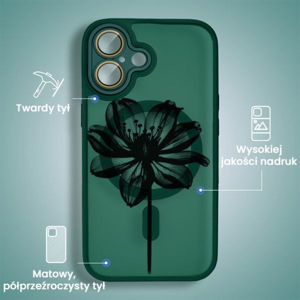 etui do iphone 16 color flush z magsafe, z osłoną aparatu, z nadrukiem czarny kwiat, zielone