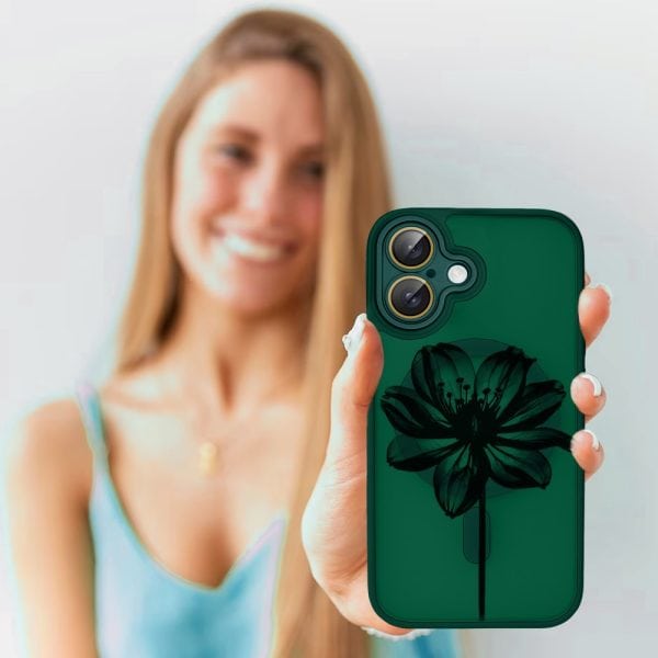 etui do iphone 16 color flush z magsafe, z osłoną aparatu, z nadrukiem czarny kwiat, zielone
