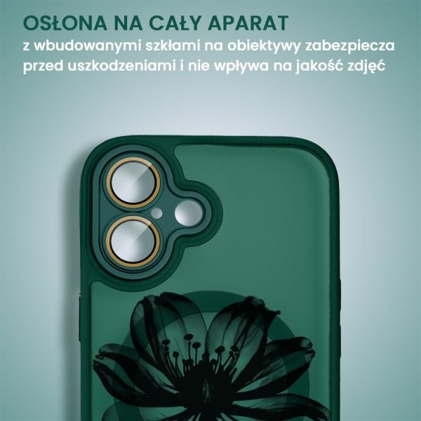 etui do iphone 16 color flush z magsafe, z osłoną aparatu, z nadrukiem czarny kwiat, zielone
