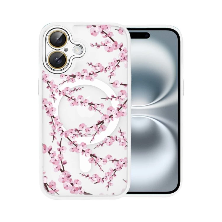 etui do iphone 16, color flush z magsafe, z osłoną aparatu, z nadrukiem sakura, kwiat wiśni, białe