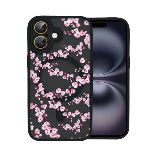 etui do iphone 16, color flush z magsafe, z osłoną aparatu, z nadrukiem sakura, kwiat wiśni, czarne