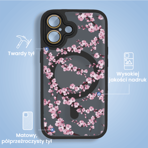 etui do iphone 16, color flush z magsafe, z osłoną aparatu, z nadrukiem sakura, kwiat wiśni, czarne