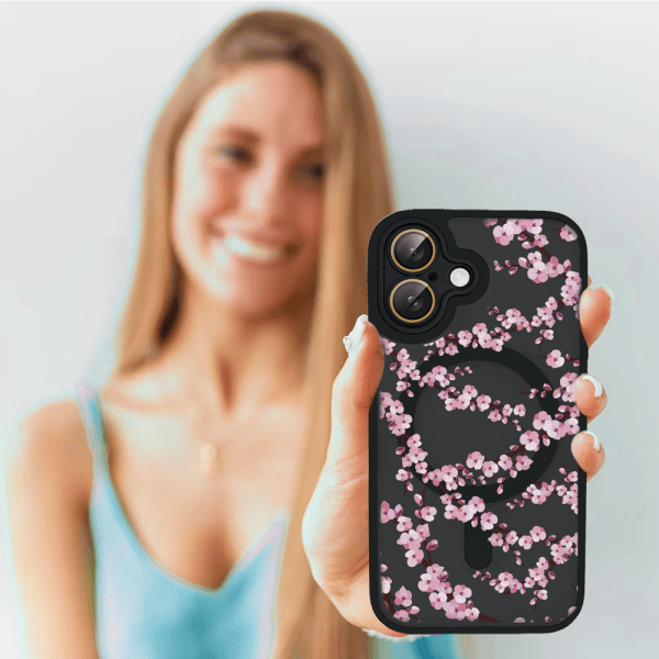 etui do iphone 16, color flush z magsafe, z osłoną aparatu, z nadrukiem sakura, kwiat wiśni, czarne