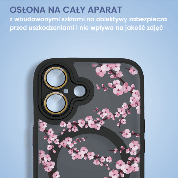 etui do iphone 16, color flush z magsafe, z osłoną aparatu, z nadrukiem sakura, kwiat wiśni, czarne
