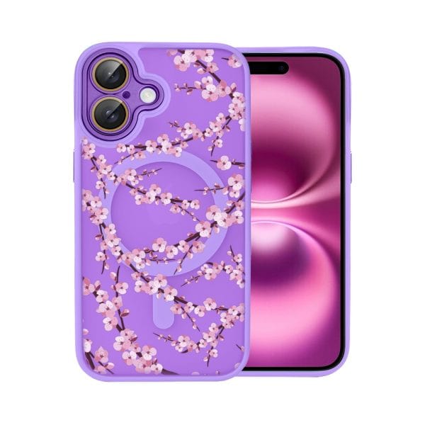 etui do iphone 16, color flush z magsafe, z osłoną aparatu, z nadrukiem sakura, kwiat wiśni, fioletowe