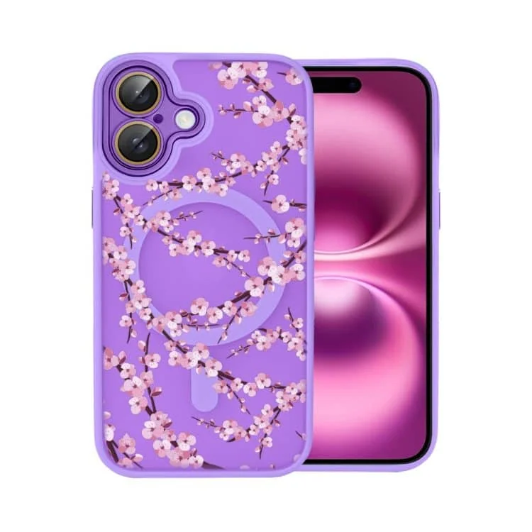 etui do iphone 16, color flush z magsafe, z osłoną aparatu, z nadrukiem sakura, kwiat wiśni, fioletowe