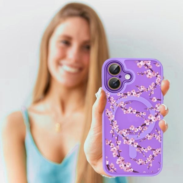 etui do iphone 16, color flush z magsafe, z osłoną aparatu, z nadrukiem sakura, kwiat wiśni, fioletowe