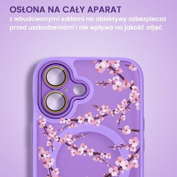 etui do iphone 16, color flush z magsafe, z osłoną aparatu, z nadrukiem sakura, kwiat wiśni, fioletowe