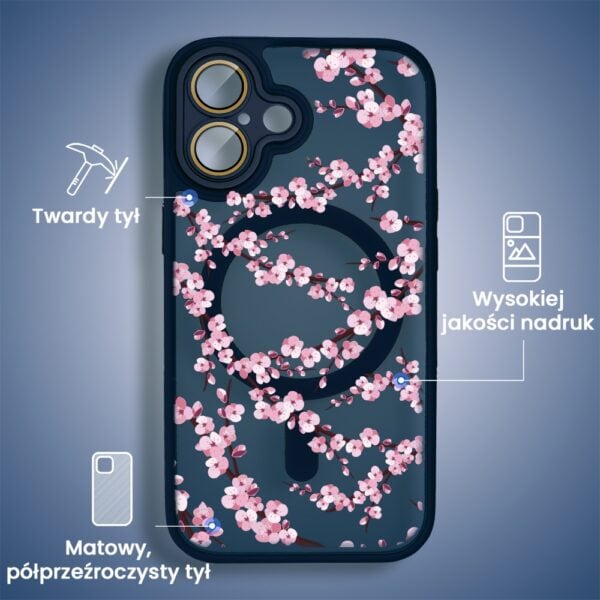 etui do iphone 16, color flush z magsafe, z osłoną aparatu, z nadrukiem sakura, kwiat wiśni, granatowe
