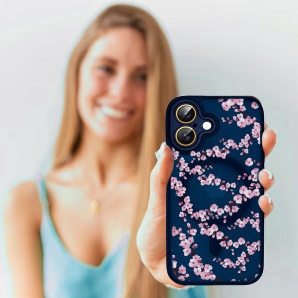 etui do iphone 16, color flush z magsafe, z osłoną aparatu, z nadrukiem sakura, kwiat wiśni, granatowe