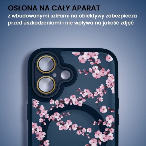 etui do iphone 16, color flush z magsafe, z osłoną aparatu, z nadrukiem sakura, kwiat wiśni, granatowe