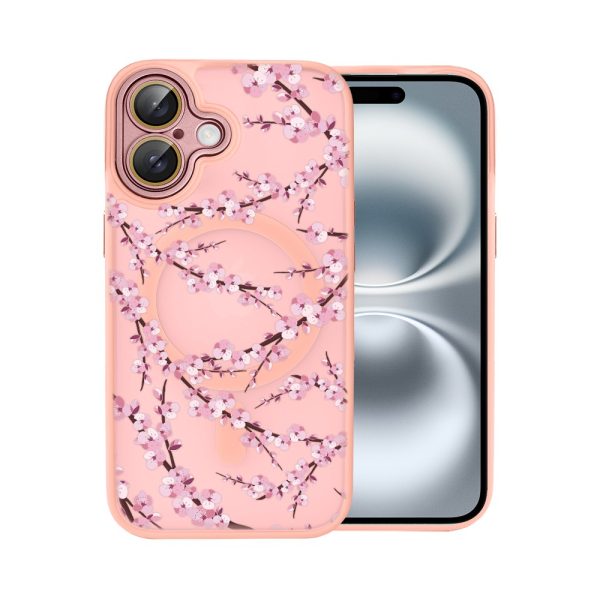 etui do iphone 16, color flush z magsafe, z osłoną aparatu, z nadrukiem sakura, kwiat wiśni, różowe