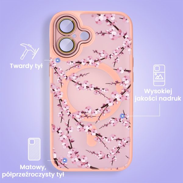 etui do iphone 16, color flush z magsafe, z osłoną aparatu, z nadrukiem sakura, kwiat wiśni, różowe