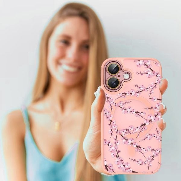 etui do iphone 16, color flush z magsafe, z osłoną aparatu, z nadrukiem sakura, kwiat wiśni, różowe