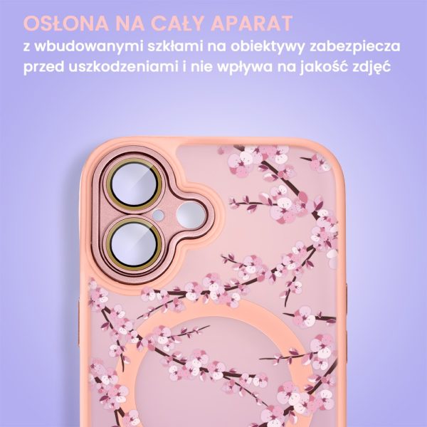 etui do iphone 16, color flush z magsafe, z osłoną aparatu, z nadrukiem sakura, kwiat wiśni, różowe