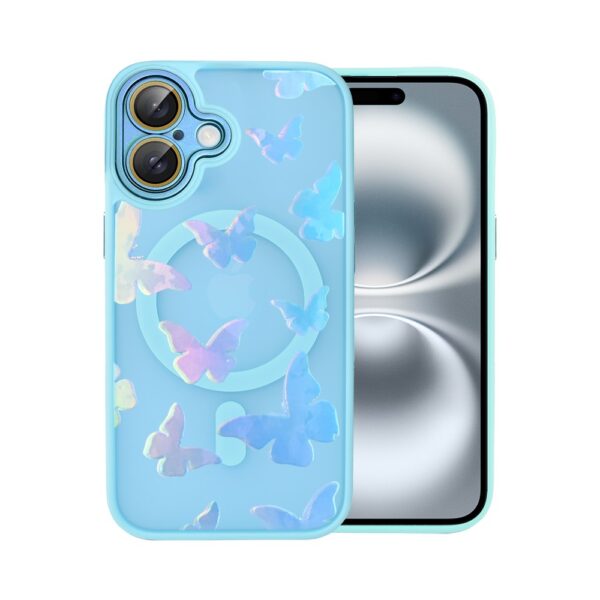 iPhone z niebieskim etui i motylami.