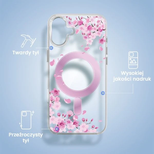 etui do iphone 16 plus flower magsafe z nadrukiem kwiat wiśni, przeźroczyste