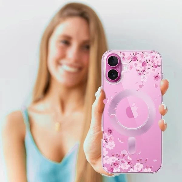etui do iphone 16 plus flower magsafe z nadrukiem kwiat wiśni, przeźroczyste