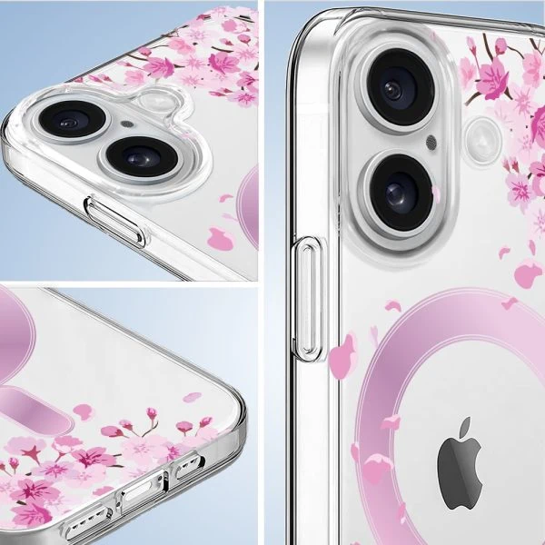 etui do iphone 16 plus flower magsafe z nadrukiem kwiat wiśni, przeźroczyste