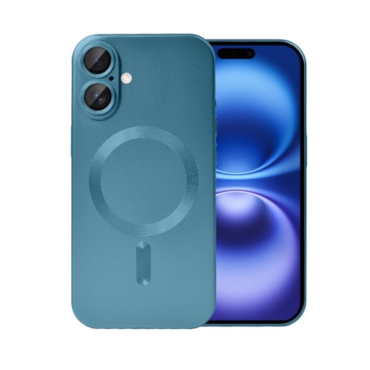 Niebieski smartfon z podwójnym aparatem i etui.