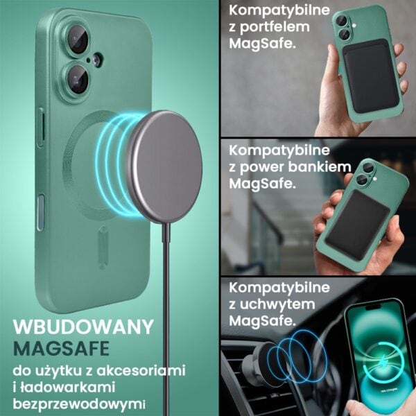 Zielony telefon z magnetycznym ładowaniem MagSafe i akcesoriami.