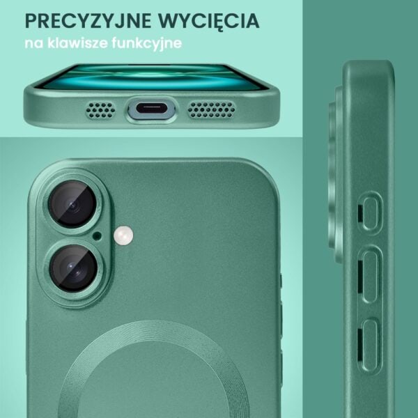 Zielony smartfon z precyzyjnymi wycięciami na przyciski.