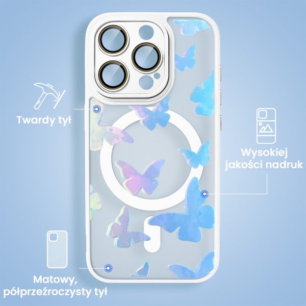 etui do iphone 16 pro color flush z magsafe, z osłoną aparatu, z opalizującym nadrukiem motylki, niebieskie
