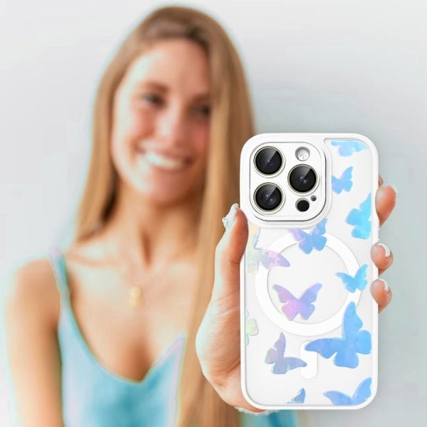 etui do iphone 16 pro color flush z magsafe, z osłoną aparatu, z opalizującym nadrukiem motylki, niebieskie