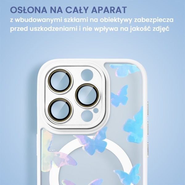 etui do iphone 16 pro color flush z magsafe, z osłoną aparatu, z opalizującym nadrukiem motylki, niebieskie