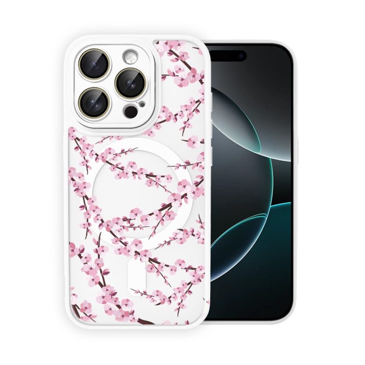 etui do iphone 16 pro max color flush z magsafe, z osłoną aparatu, z nadrukiem sakura, kwiat wiśni, czarne (kopia)