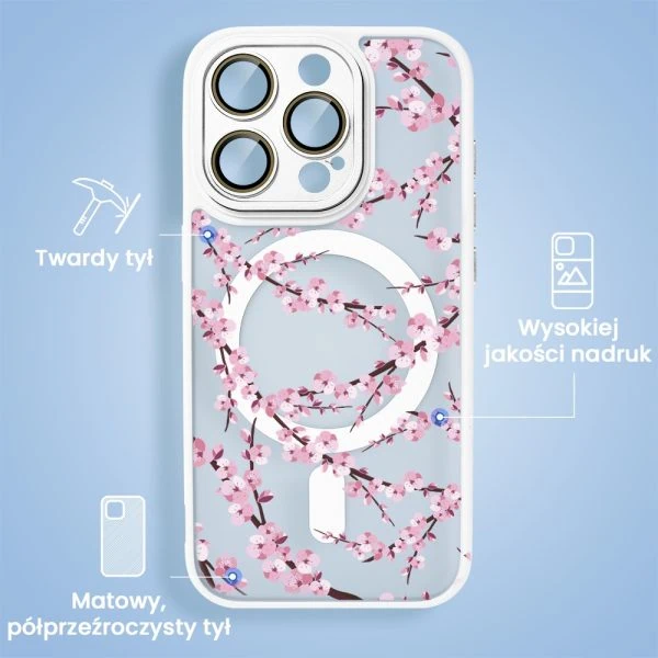 etui do iphone 16 pro max color flush z magsafe, z osłoną aparatu, z nadrukiem sakura, kwiat wiśni, czarne (kopia)