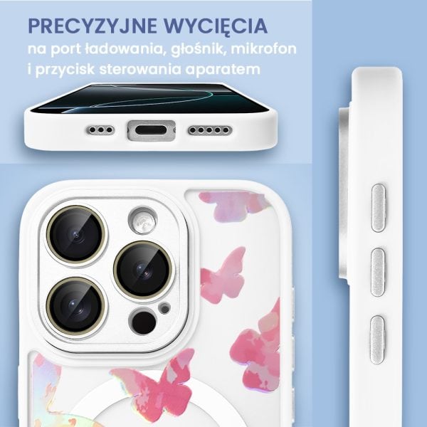 etui do iphone 15 color flush z magsafe, z osłoną aparatu, z opalizującym nadrukiem motylki, niebieskie (kopia)