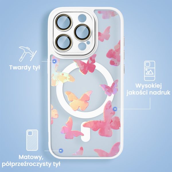 etui do iphone 15 color flush z magsafe, z osłoną aparatu, z opalizującym nadrukiem motylki, niebieskie (kopia)