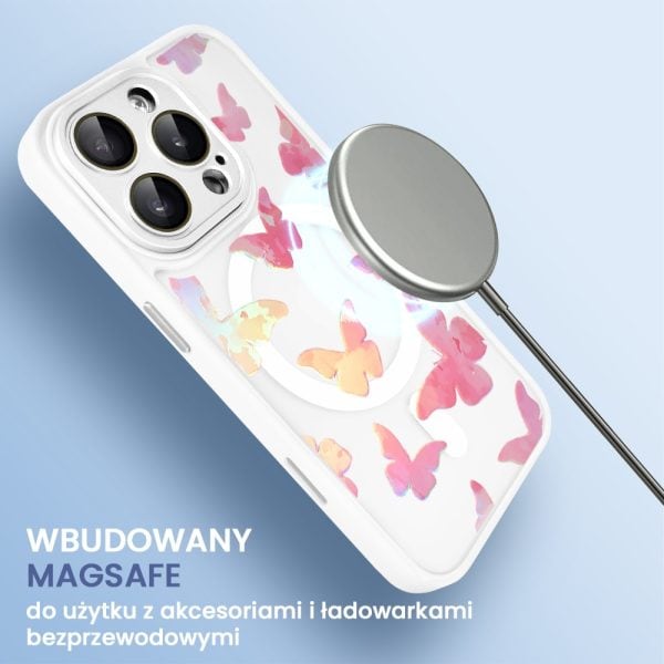 etui do iphone 16 pro max color flush z magsafe, z osłoną aparatu, z opalizującym nadrukiem motylki, białe