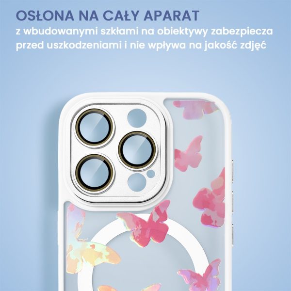 etui do iphone 16 pro max color flush z magsafe, z osłoną aparatu, z opalizującym nadrukiem motylki, białe