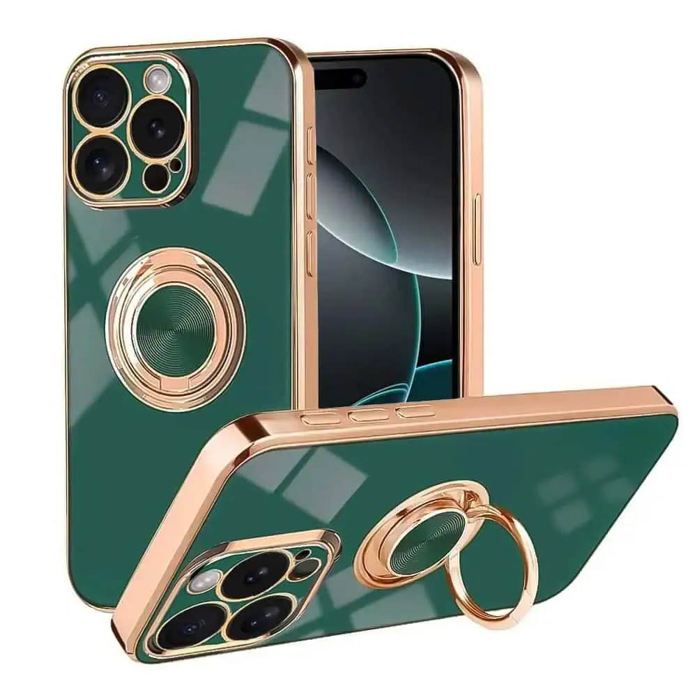 etui do iphone 16 pro max eleganckie, ze złotym, metalowym uchwytem i zdobieniami, osłona na aparat, zielone