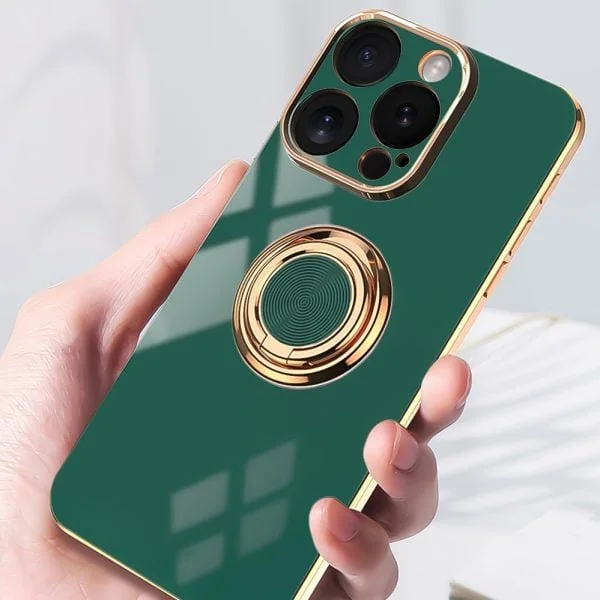 etui do iphone 16 pro max eleganckie, ze złotym, metalowym uchwytem i zdobieniami, osłona na aparat, zielone